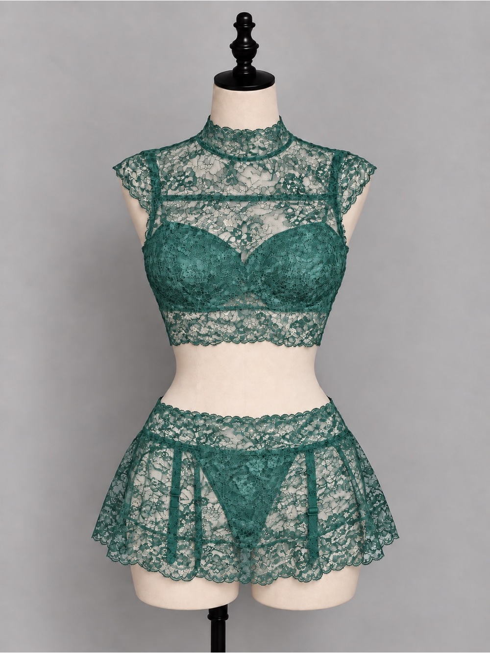 La Vie En Rose Teal Green Lace High-Neck Bralette and Skirt Set - Picture 2 of 4